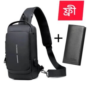 (Wallet ফ্রি) shoulder bag With Lock USB Charging Men Multifunction Male Anti-theft Chest Bag with Password Lock with Adjustable Shoulder Black
